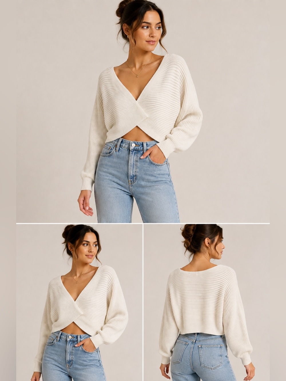 525 America Cream Ribbed Wrap Front Cropped Sweater Size L NWT